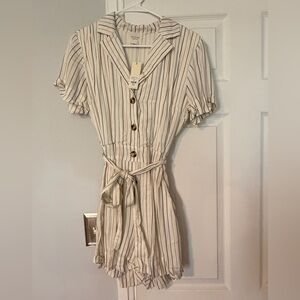 NWT Francesca's Cream Striped Button-Front Romper with Navy and Brown Stripes